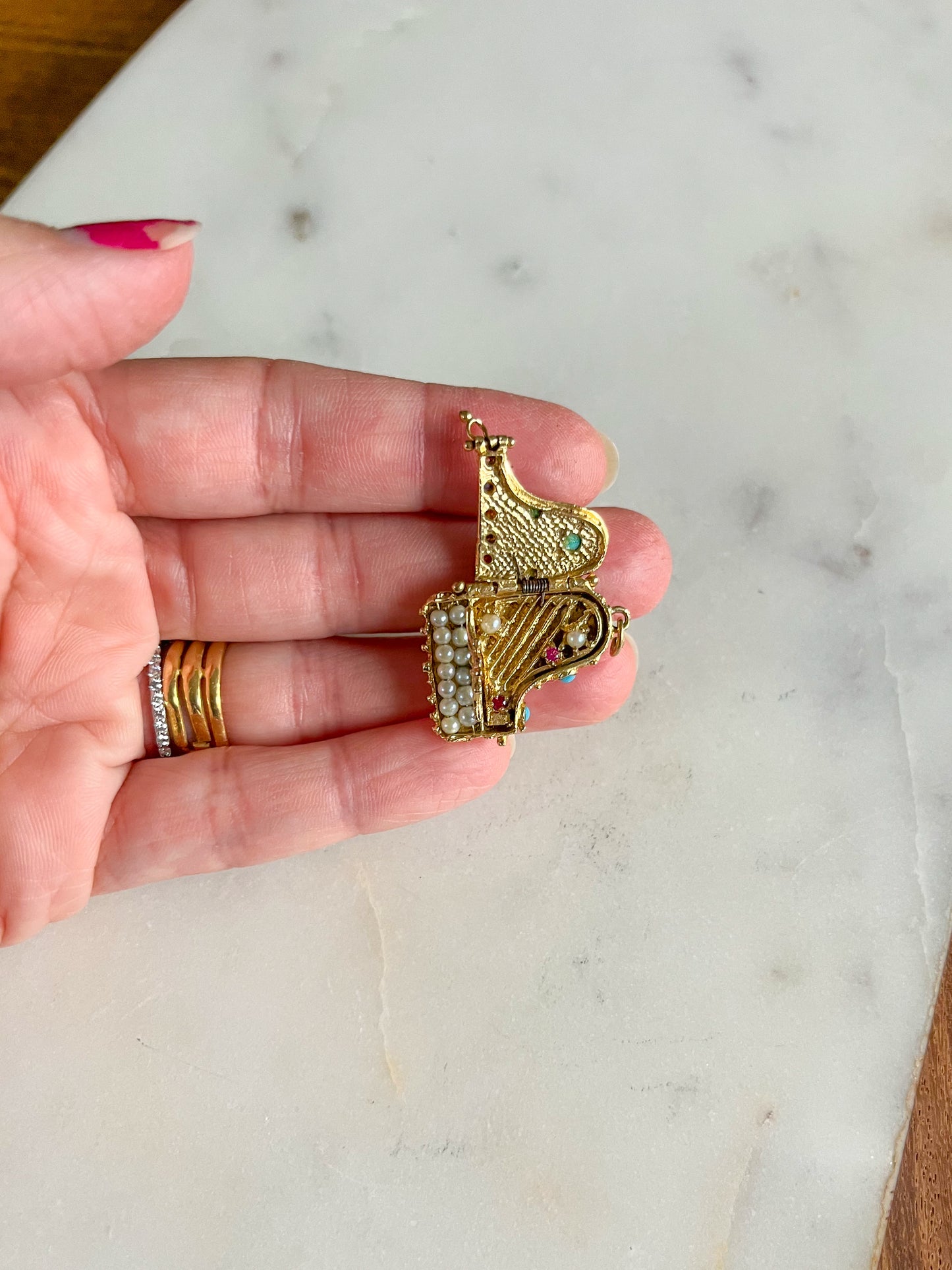 Vintage Grand Piano Charm - Ruby, Sapphire, Pearl, Turquoise and 14k Yellow Gold, circa 1950s