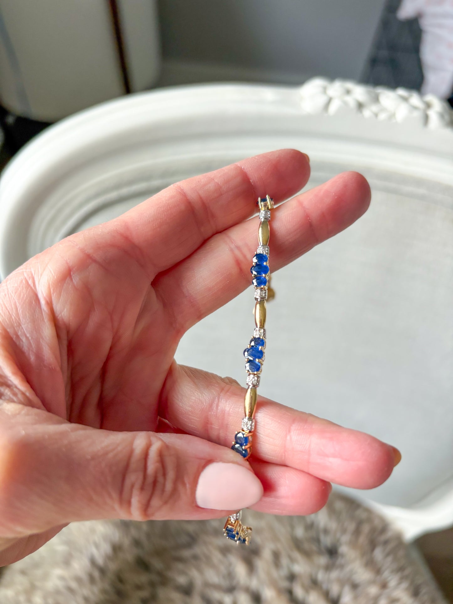Vintage Natural Sapphire and Diamond 14k Yellow Gold Tennis Bracelet