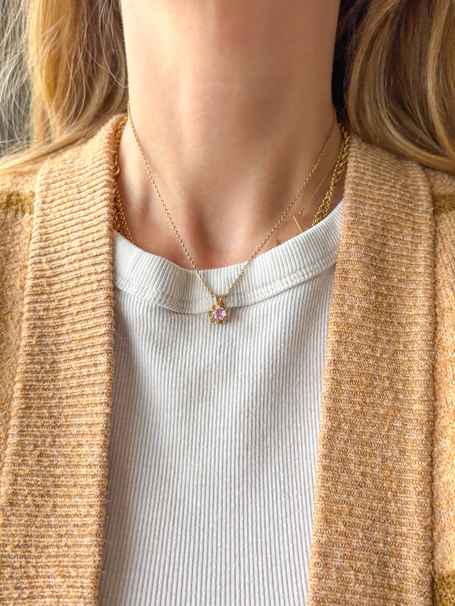 Vintage Pink Stone Flower 14k Yellow Gold Charm
