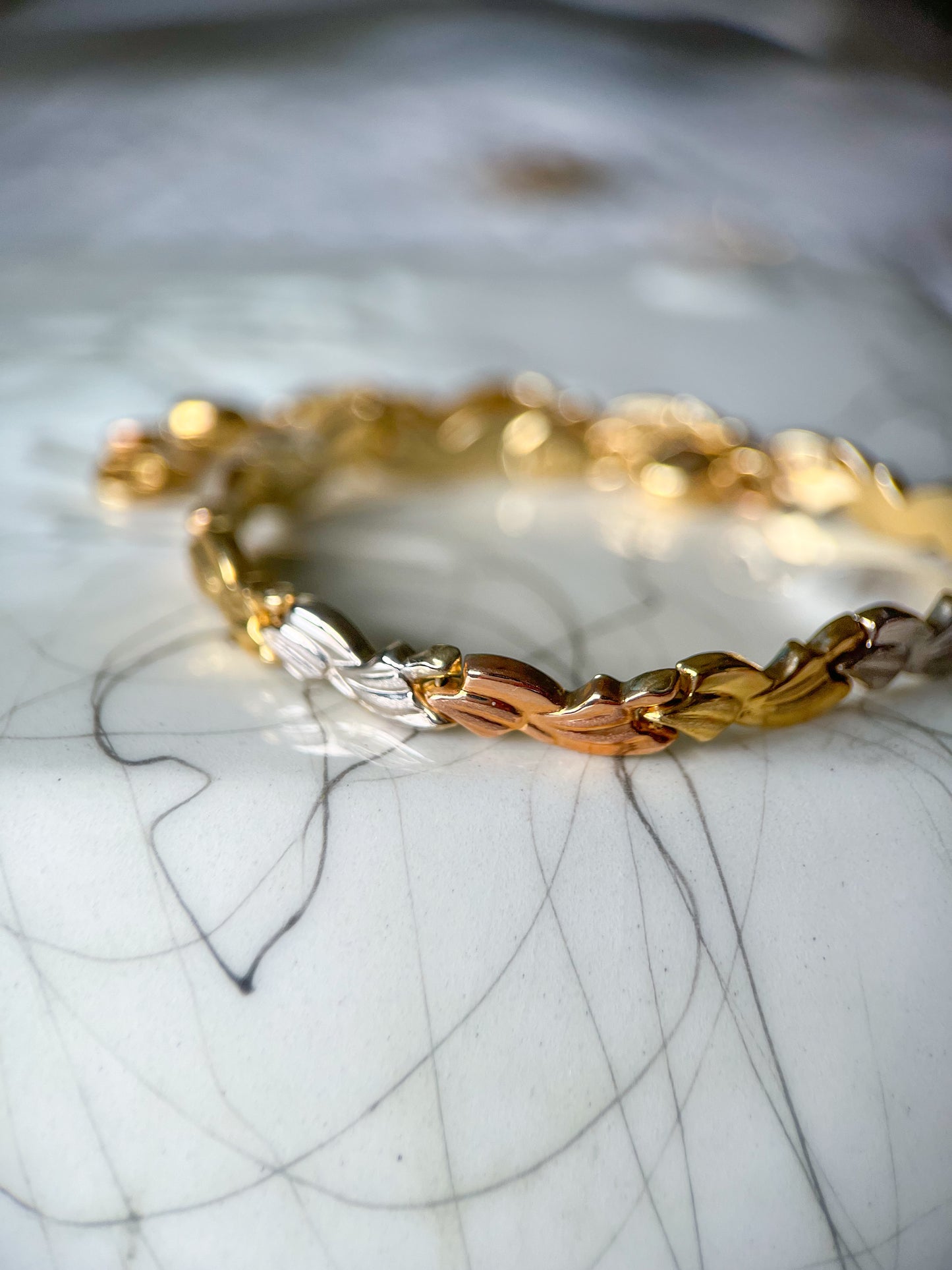 14k Tri Colored White, Rose, Yellow Gold 7 Inch Bracelet