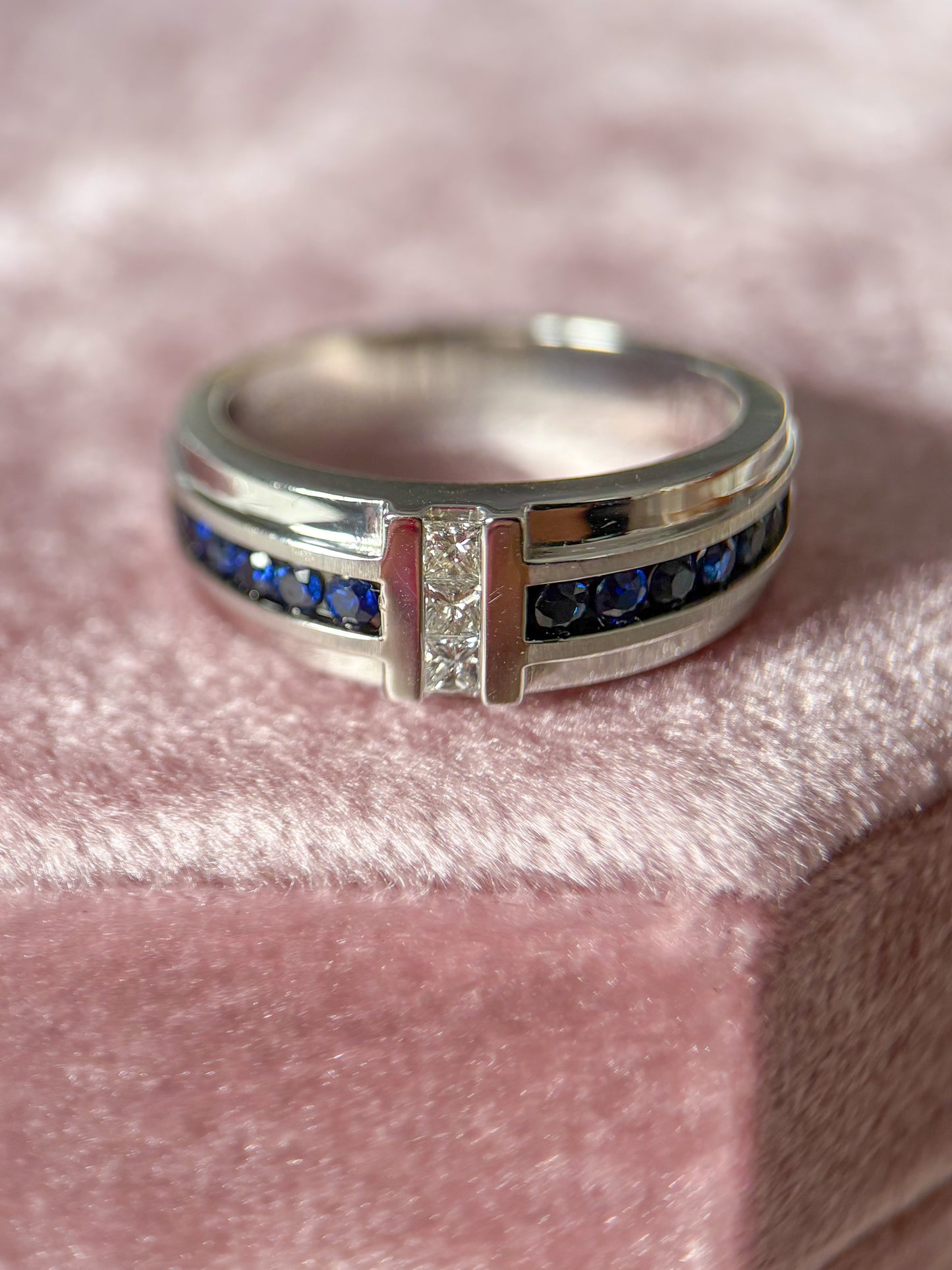 Vintage Natural Sapphire and Diamond 10k White Gold Men's Ring