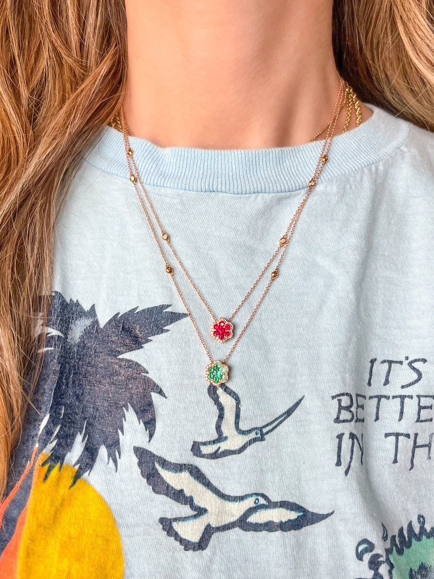 Natural Ruby, Emerald and Diamond Flower Charms in 14k Rose Gold