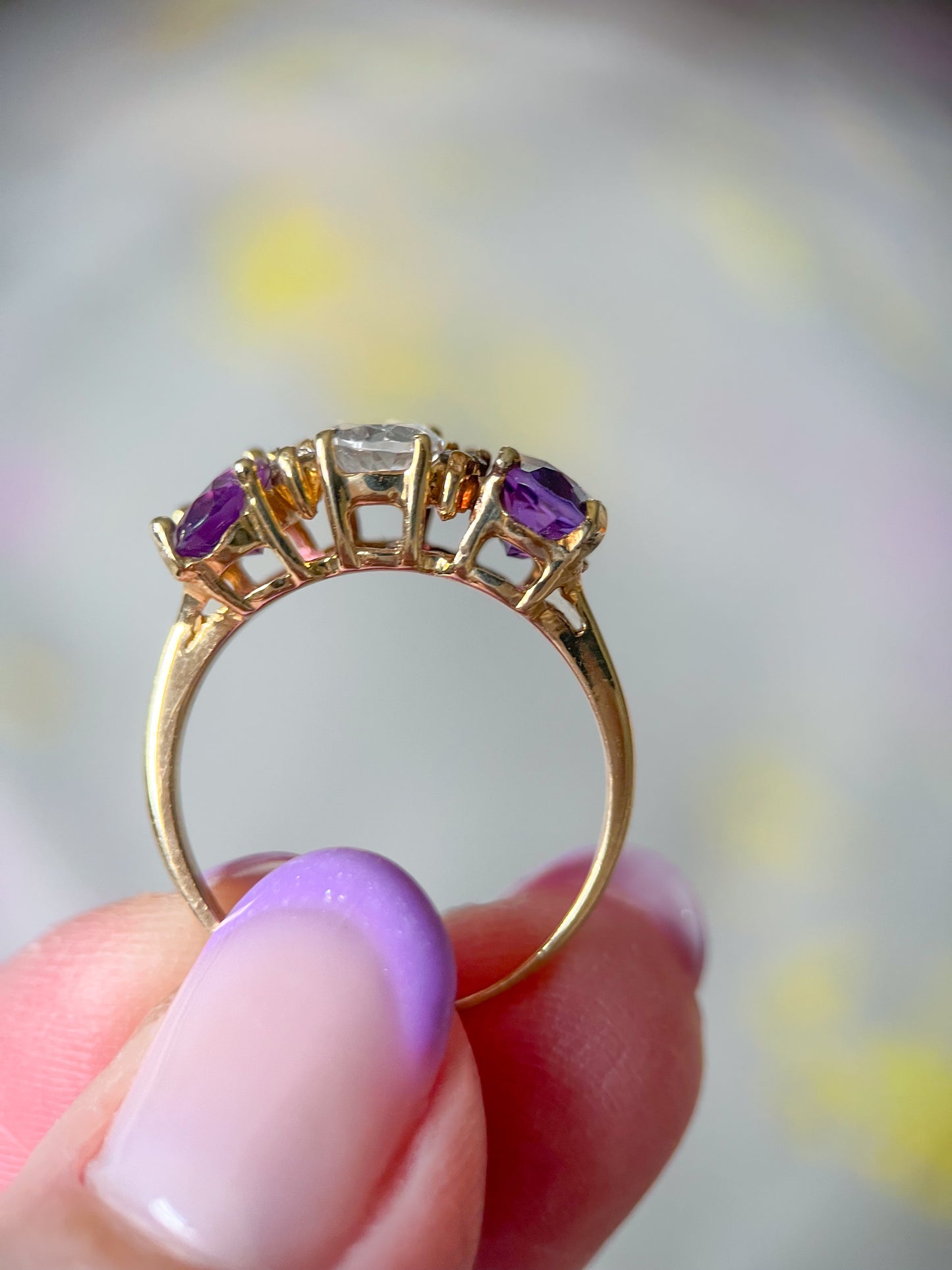 Vintage Natural Amethyst and CZ Three Stone Ring with Natural Diamonds 14k Yellow Gold