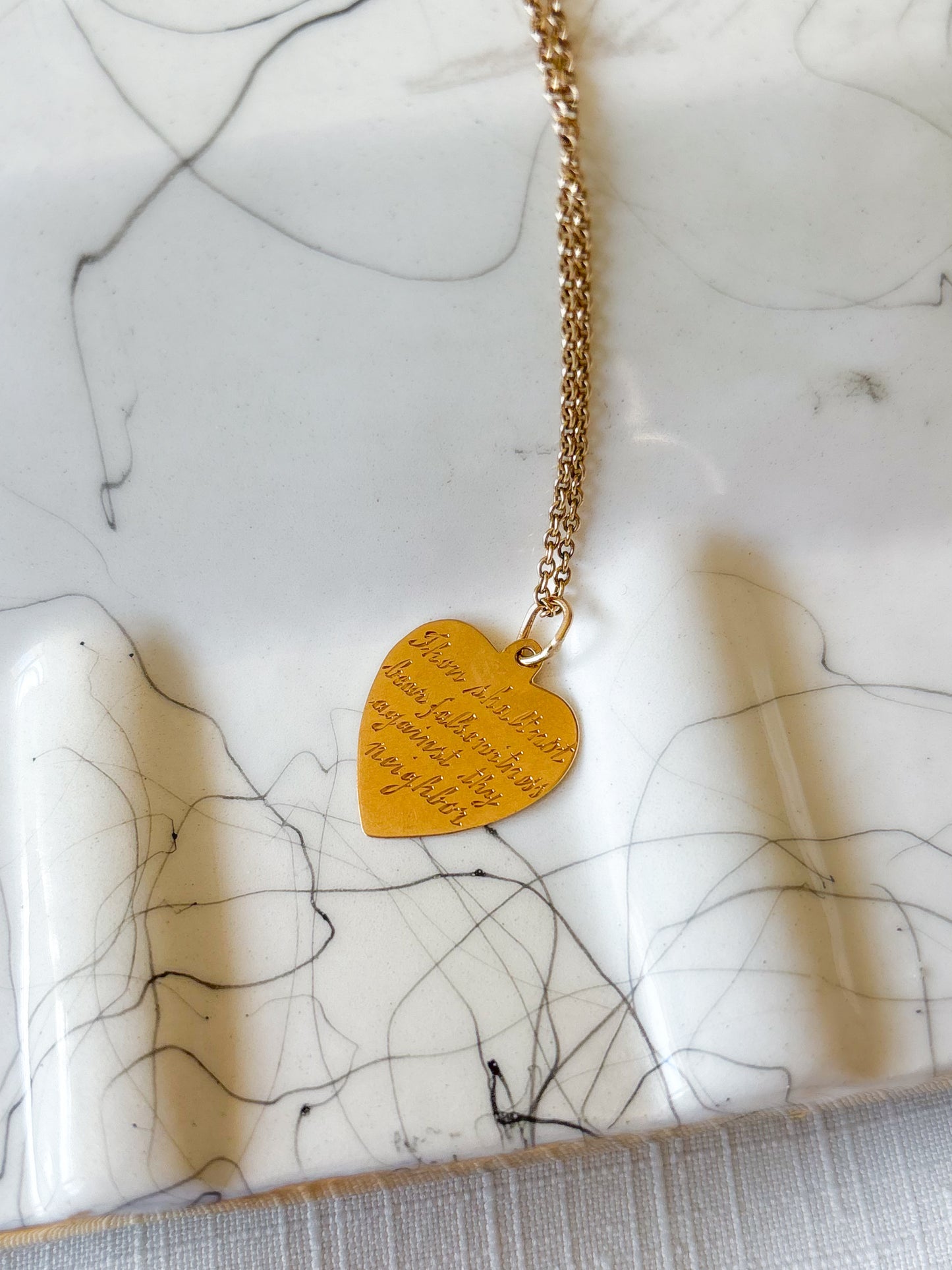 Vintage Engine Turned Heart 14k Yellow Gold Charm, Engraved: "Thou Shall Not Bear False Witness Against Thy Neighbor"