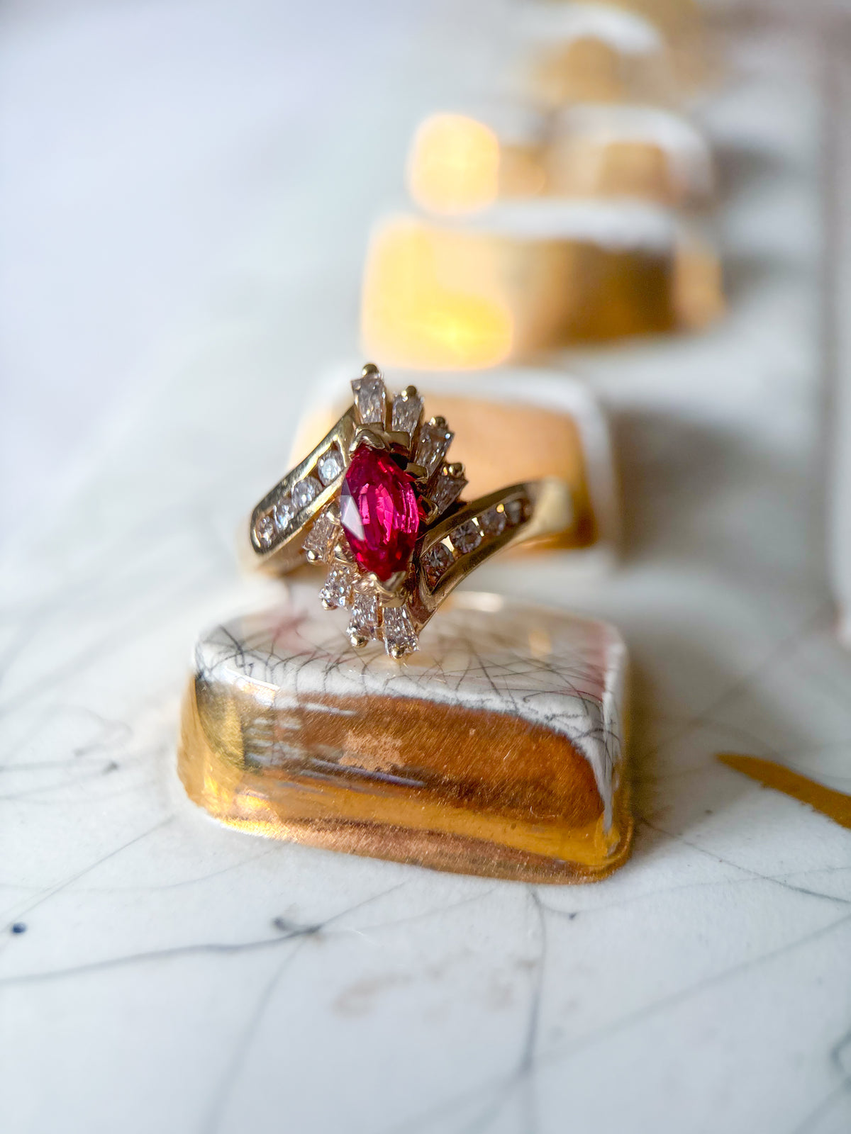 Vintage Marquise Shaped Natural Ruby and Natural Diamond 14k Yellow Gold Ring