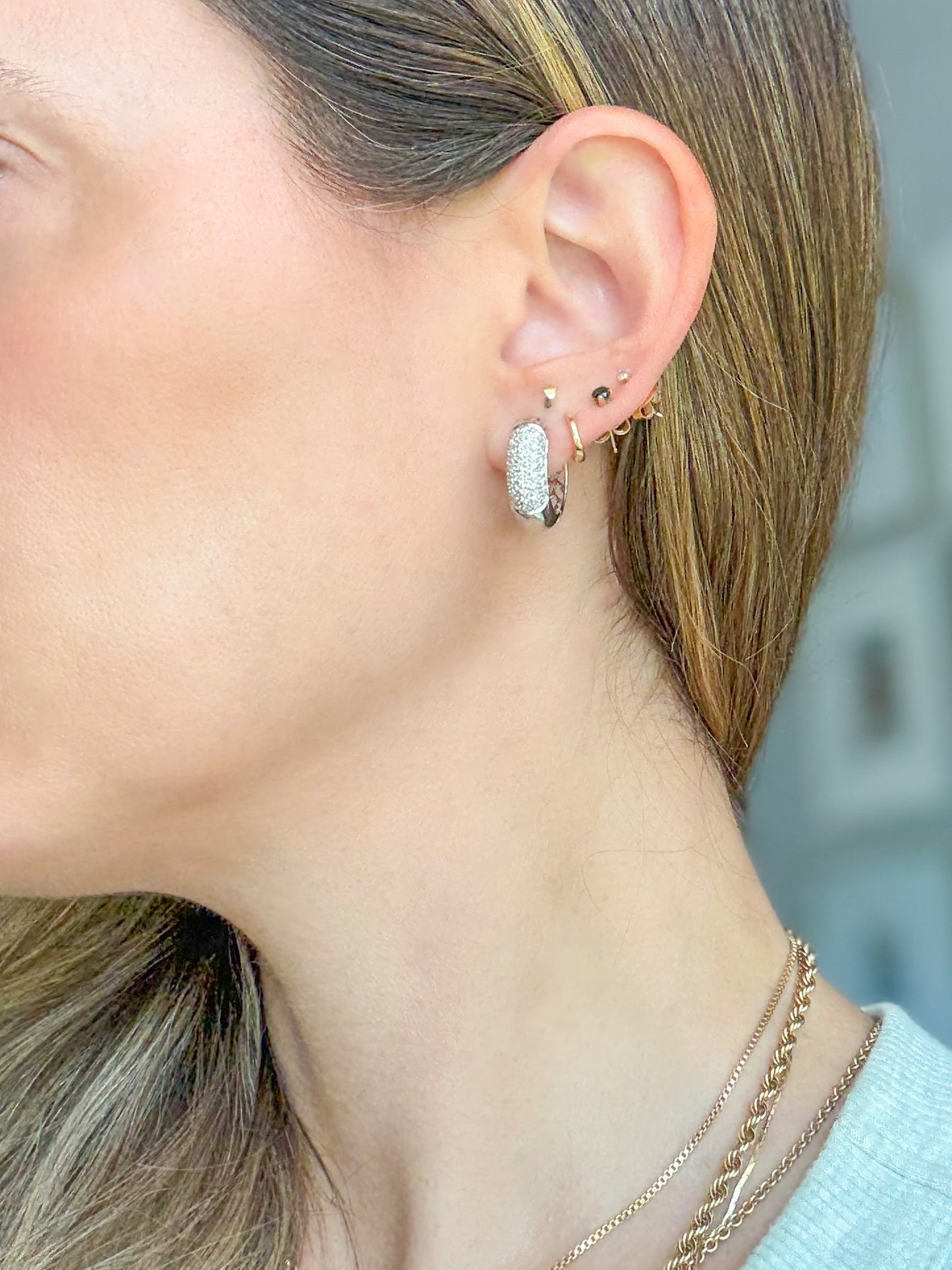 Natural Diamond Encrusted 18k White Gold Puffy Huggie Earrings