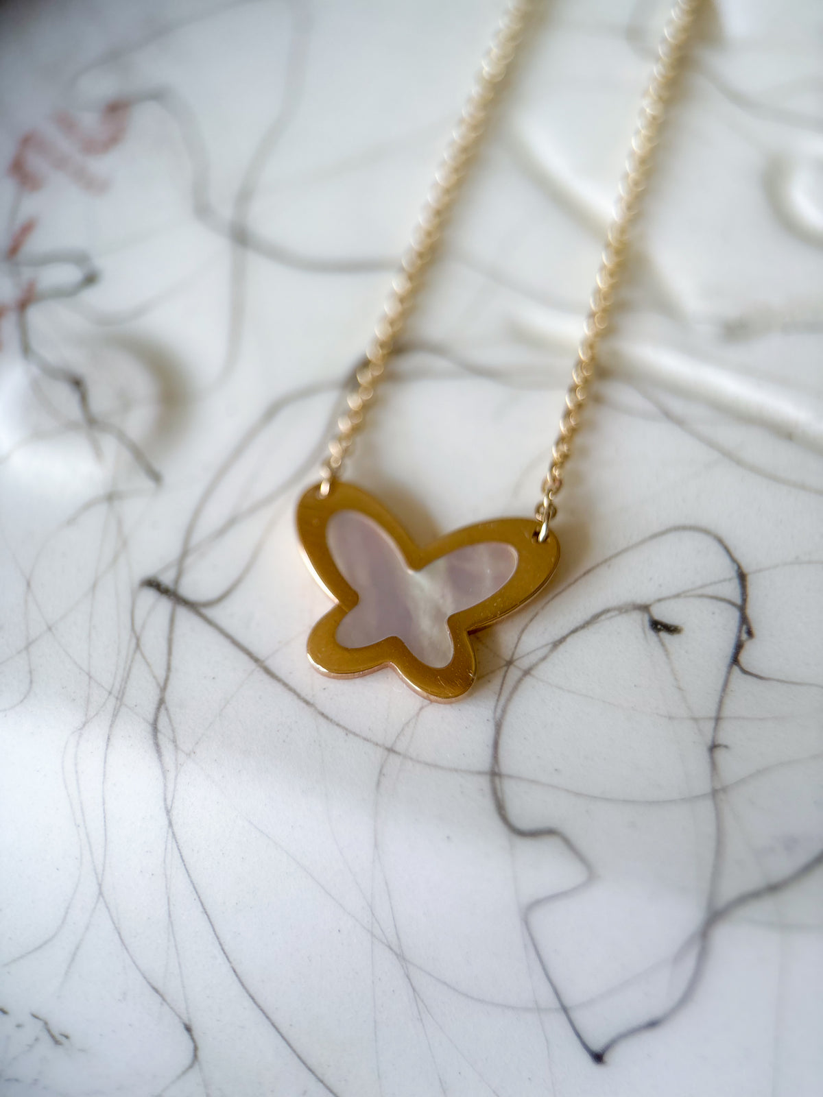 Vintage Mother of Pearl Butterfly Charm on 14k Yellow Gold Chain