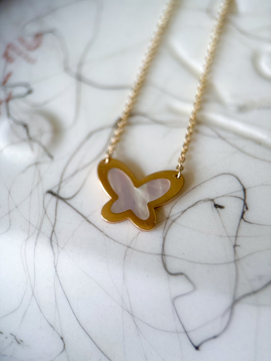 Vintage Mother of Pearl Butterfly Charm on 14k Yellow Gold Chain