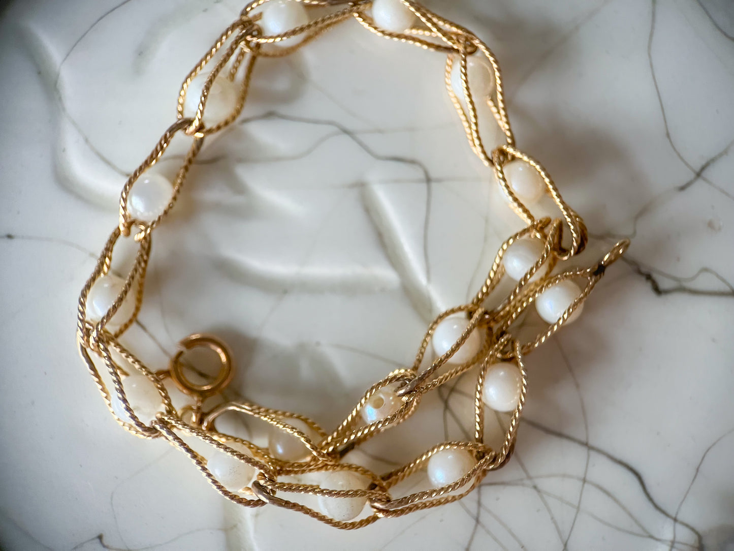 Vintage Natural Pearl and Open Chain 14k Yellow Gold 7 Inch Bracelet