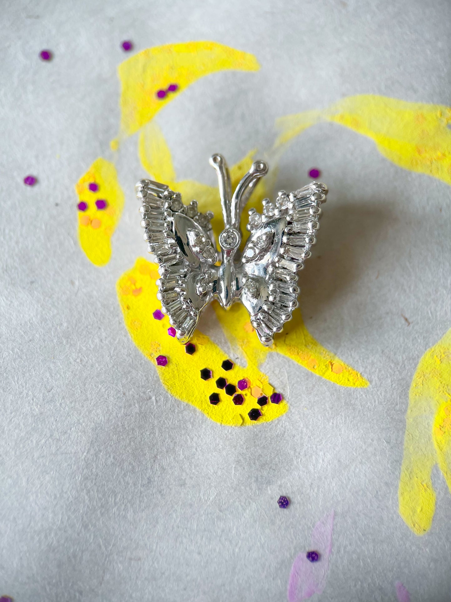 Vintage Natural Diamond Butterfly 14k White Gold Charm