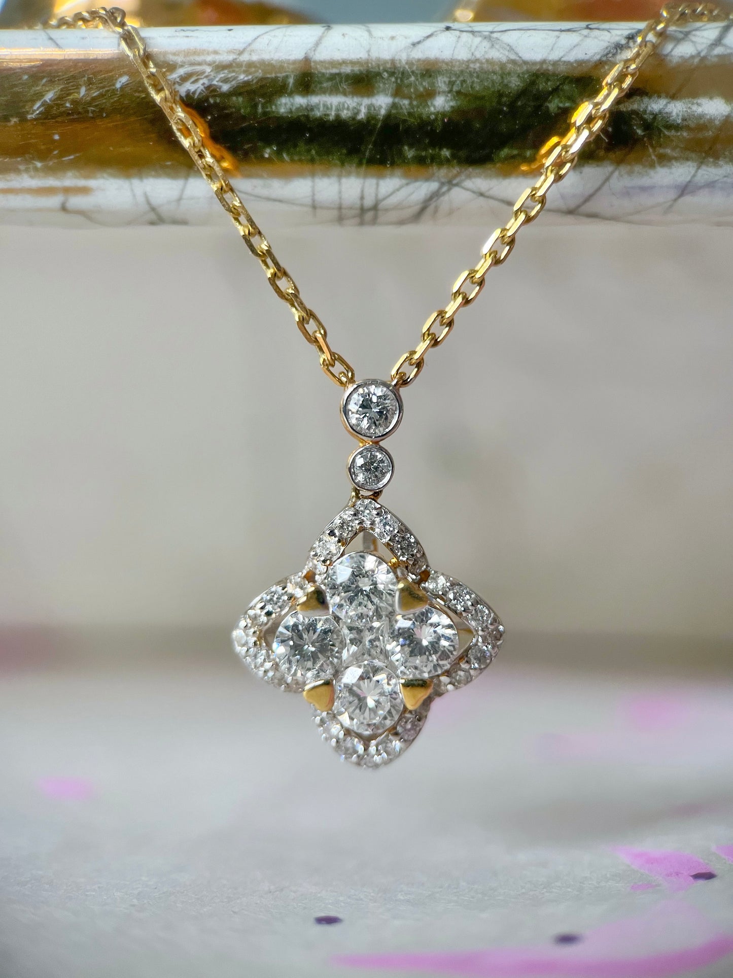 Natural Diamond Clover 18k Yellow Gold Charm with Chain
