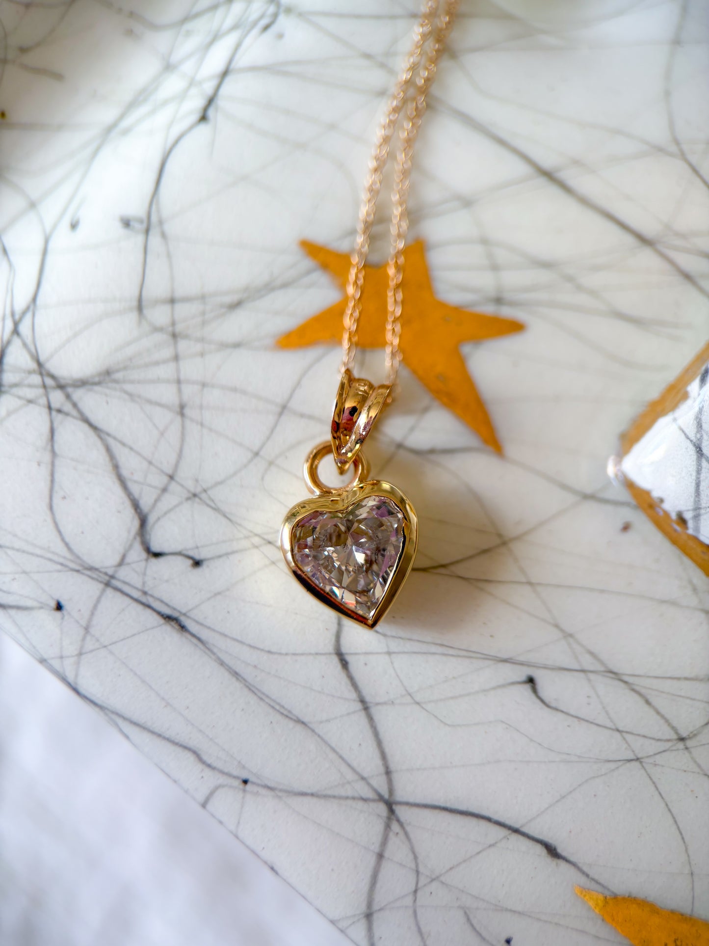 Vintage Bezel Set Natural Heart Shaped Diamond with 14k Yellow Gold Chain