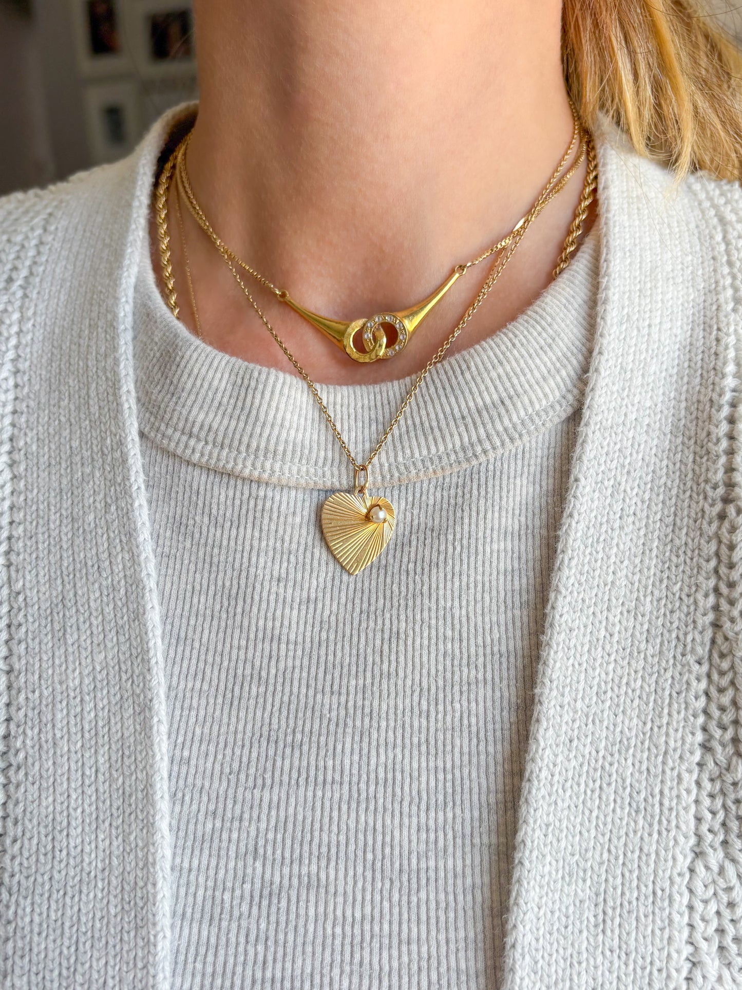 Vintage Engine Turned Heart 14k Yellow Gold Charm with Pearl