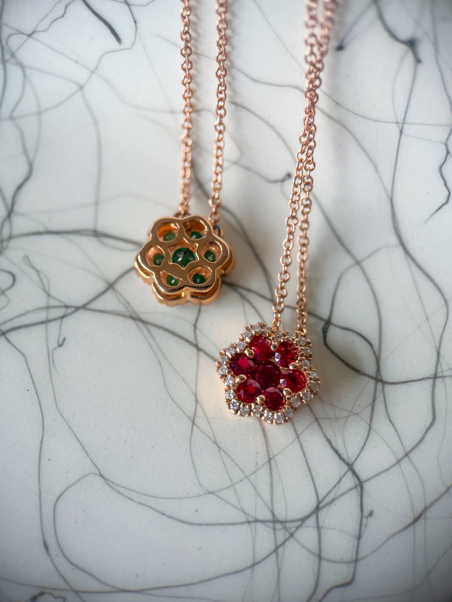 Natural Ruby, Emerald and Diamond Flower Charms in 14k Rose Gold