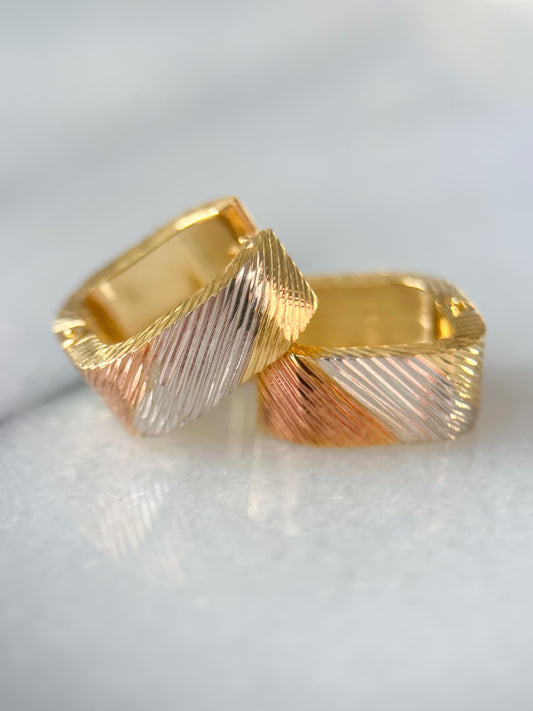 14k Tri Color Yellow, White and Rose Gold Squared Huggies