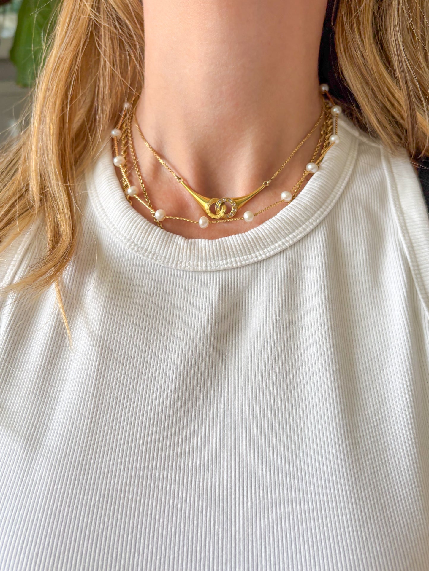 Vintage Natural Pearl 14k Yellow Gold 15.5 Inch Bar Chain Necklace