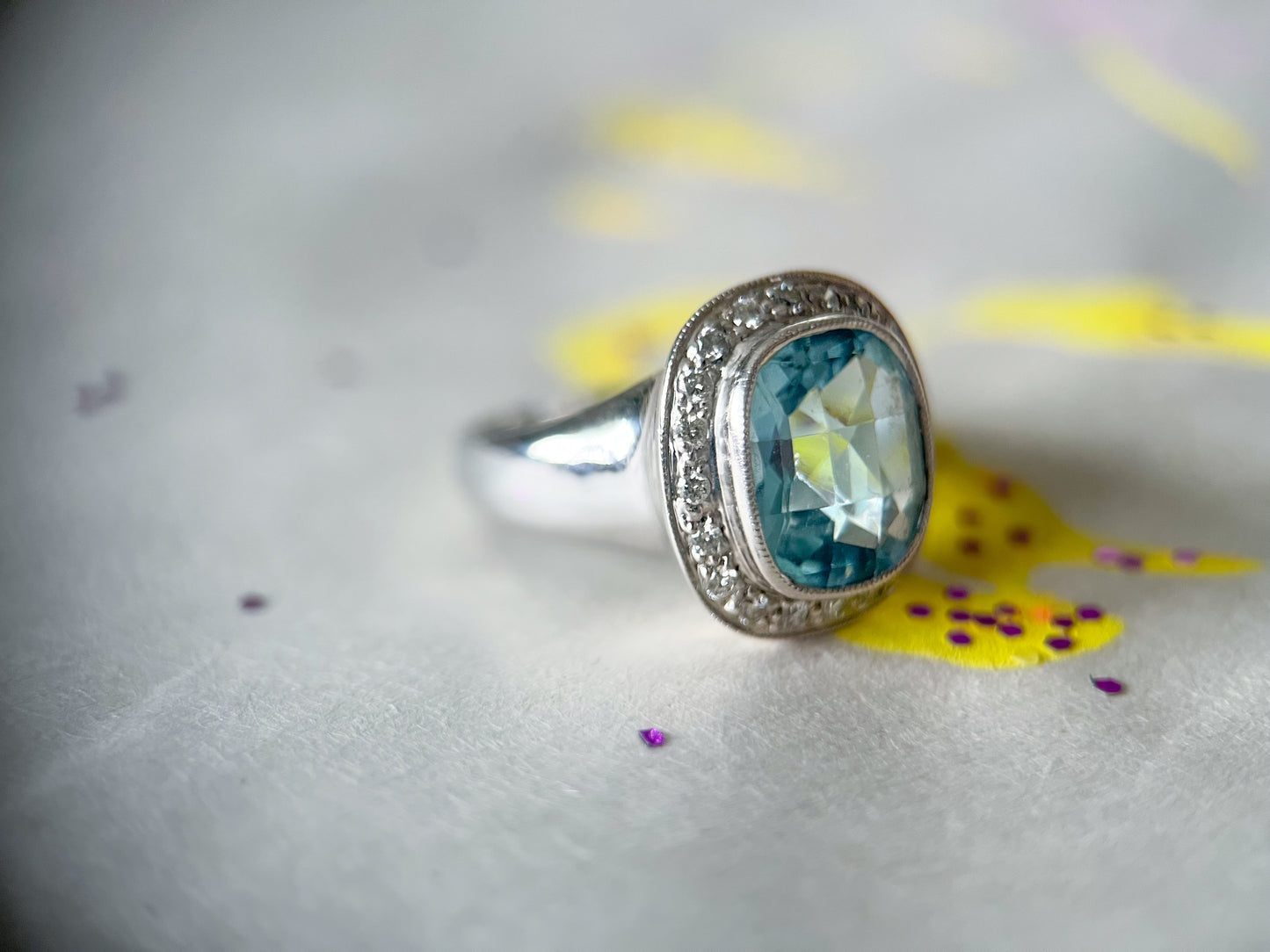 Vintage Natural Aquamarine Cushion Cut and Diamond 18k White Gold Ring