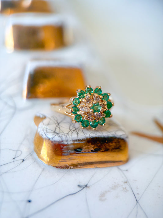 Vintage Natural Emerald and Diamond Cluster 14k Yellow Gold Ring