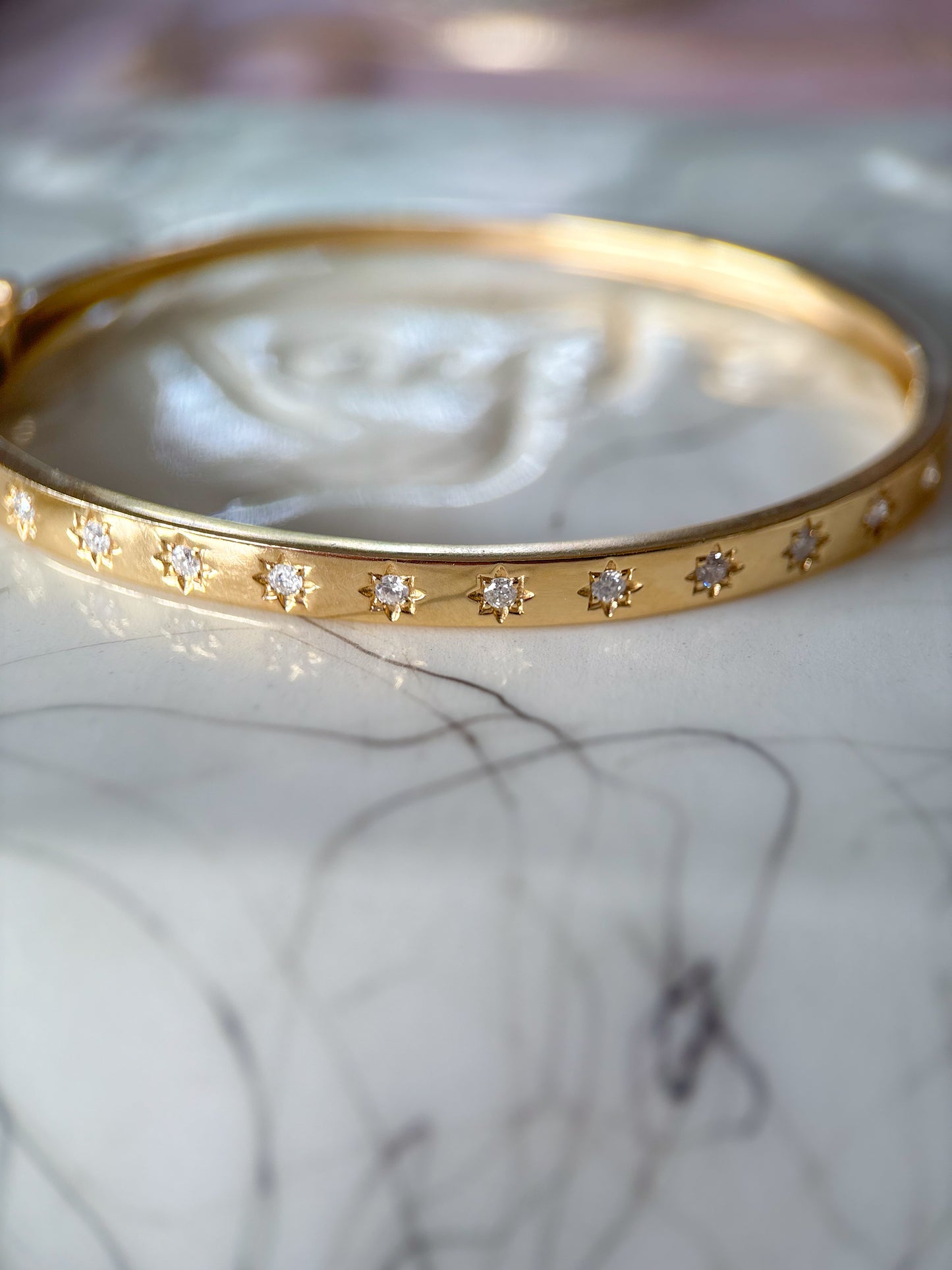 Natural Diamond Starburst 14k Yellow Gold 6 Inch Bangle