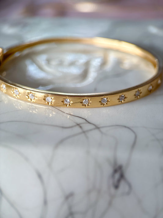 Natural Diamond Starburst 14k Yellow Gold 6 Inch Bangle