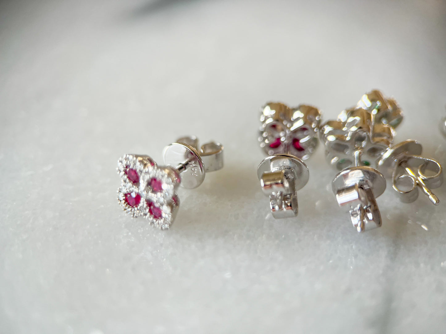 Natural Ruby, Sapphire, Emerald and Diamond 14k White Gold Flower Stud Earrings