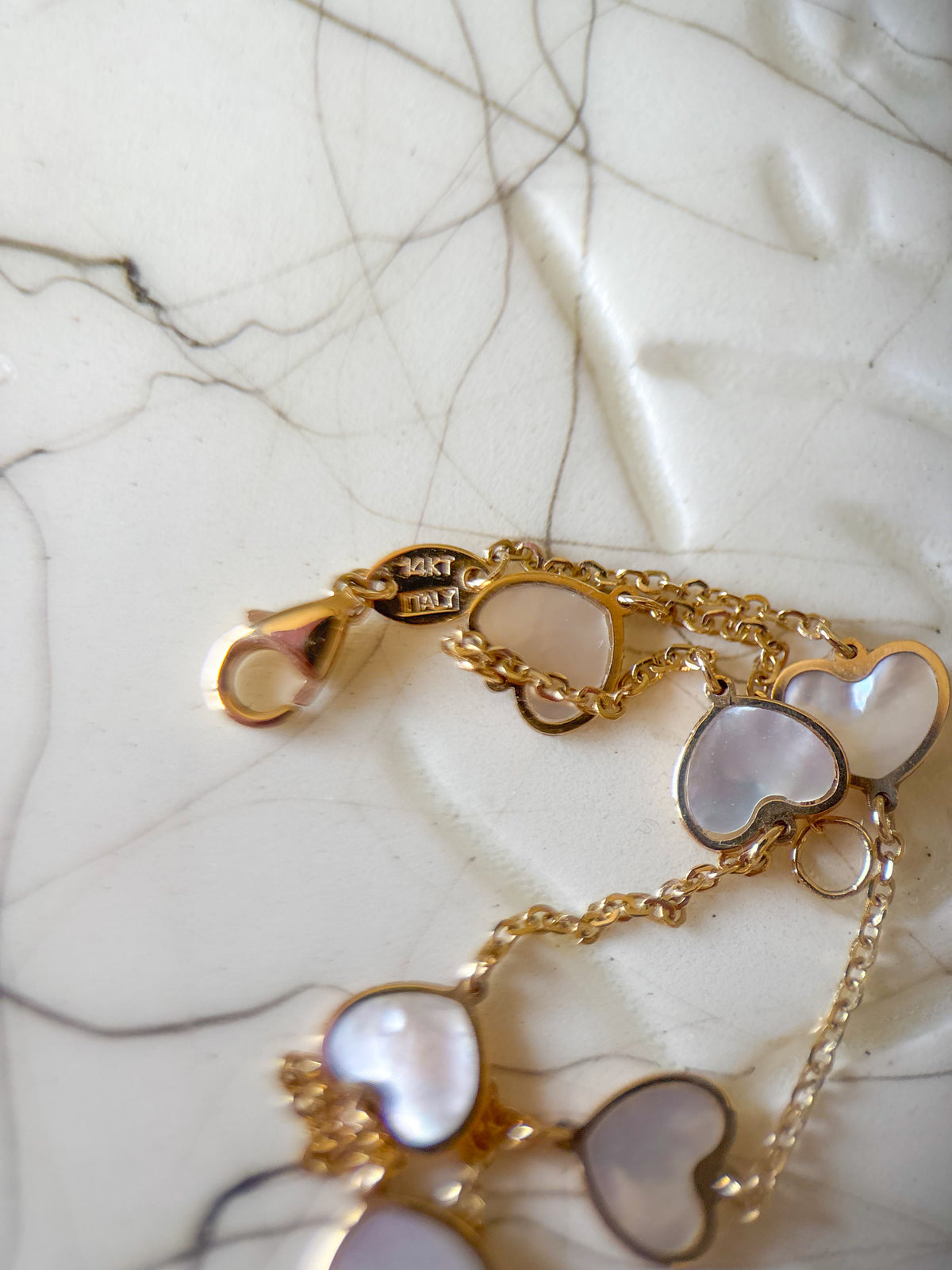 Heart Mother of Pearl 14k Yellow Gold 7 Inch Bracelet