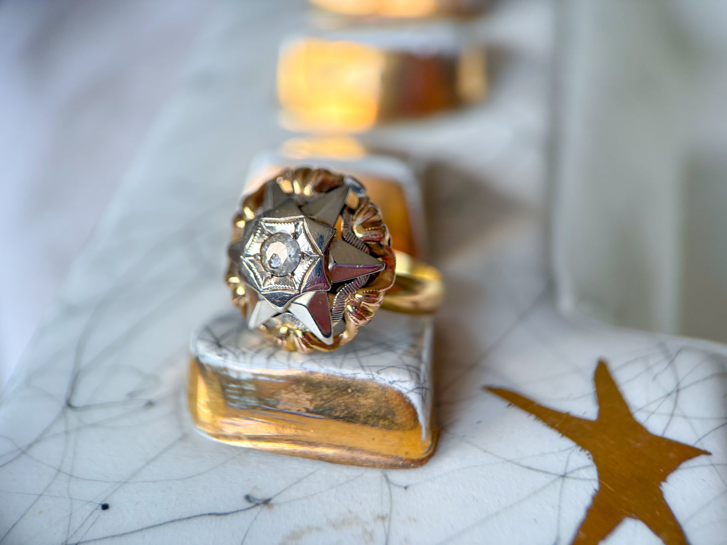 Vintage Donut Band 18k Yellow Gold Statement Ring with CZ