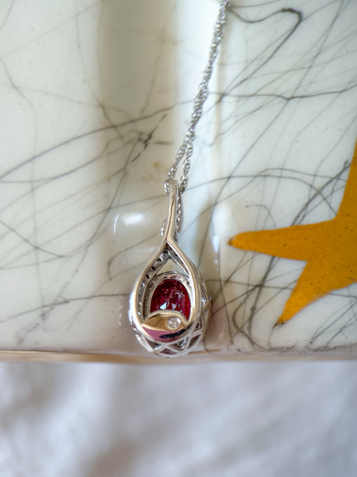 Vintage 10k White Gold and Natural Rhodolite and Diamond Charm with Chain