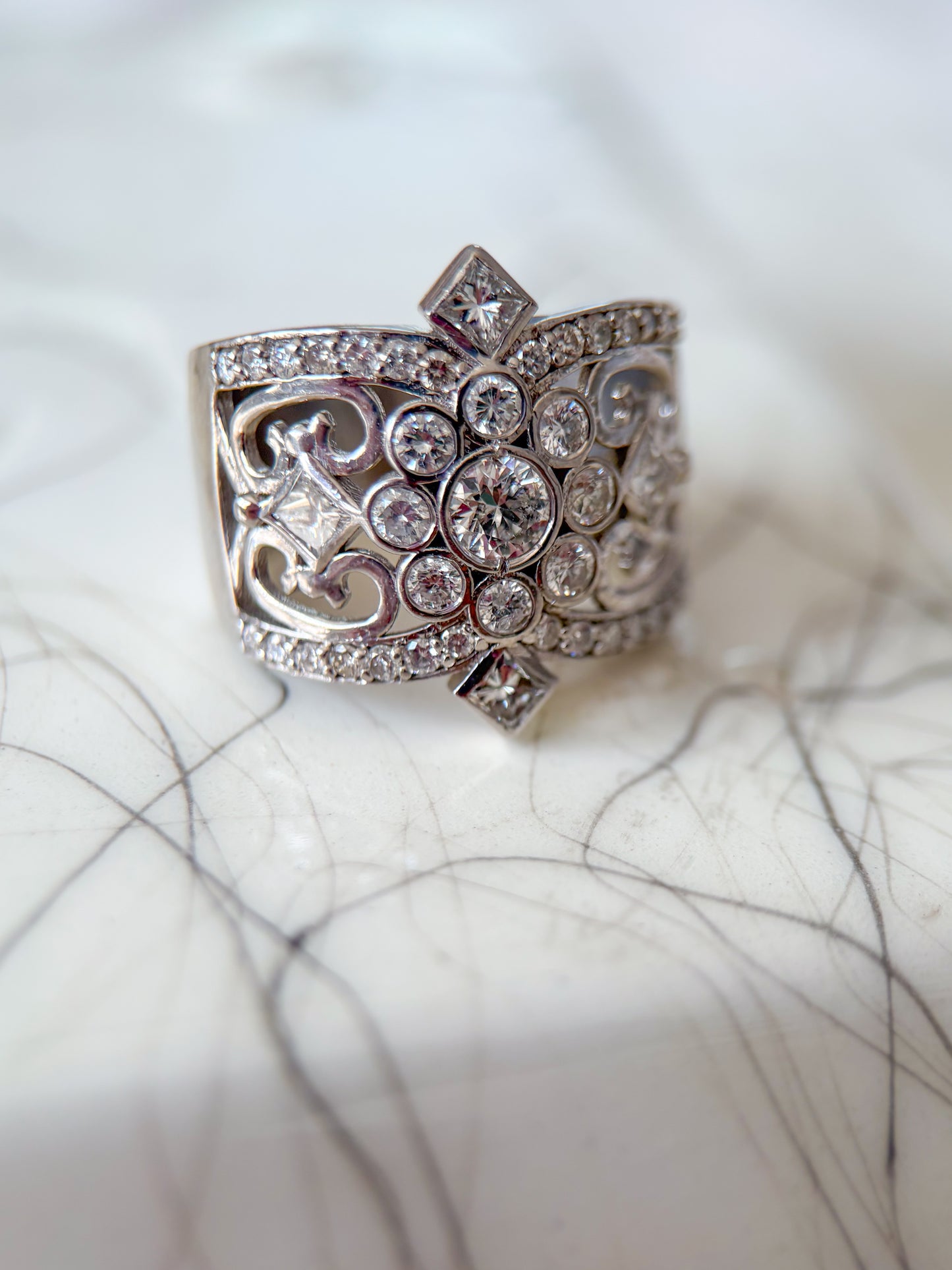 Vintage Natural Diamond 14k White Gold Statement Ring