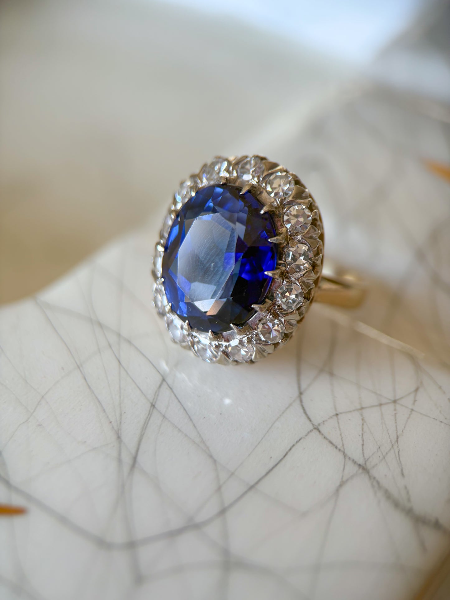 Vintage Natural Diamond and Blue Stone 10k White Gold Statement Ring