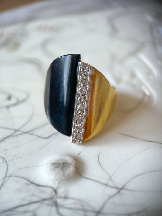Vintage Onyx and Natural Diamond 18k White and Yellow Gold Ring, circa 1960s