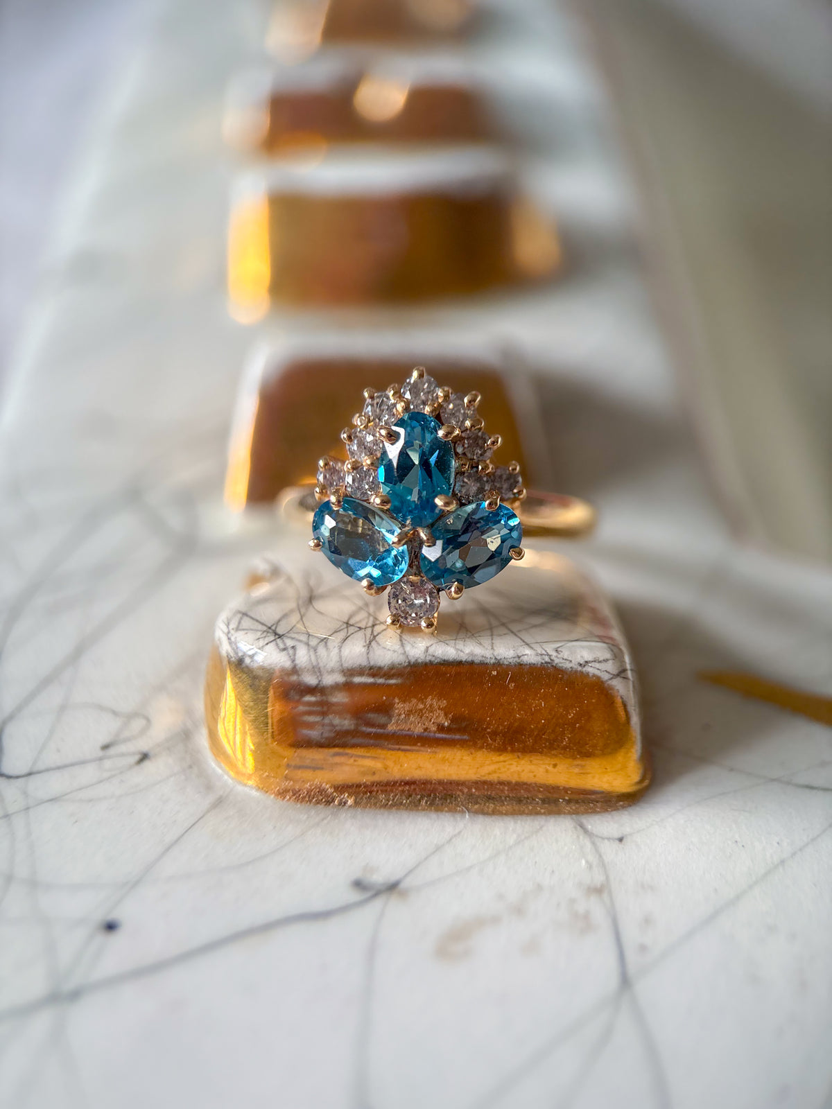 Vintage Natural Blue Topaz and Natural Diamond 14k Yellow Gold Ring