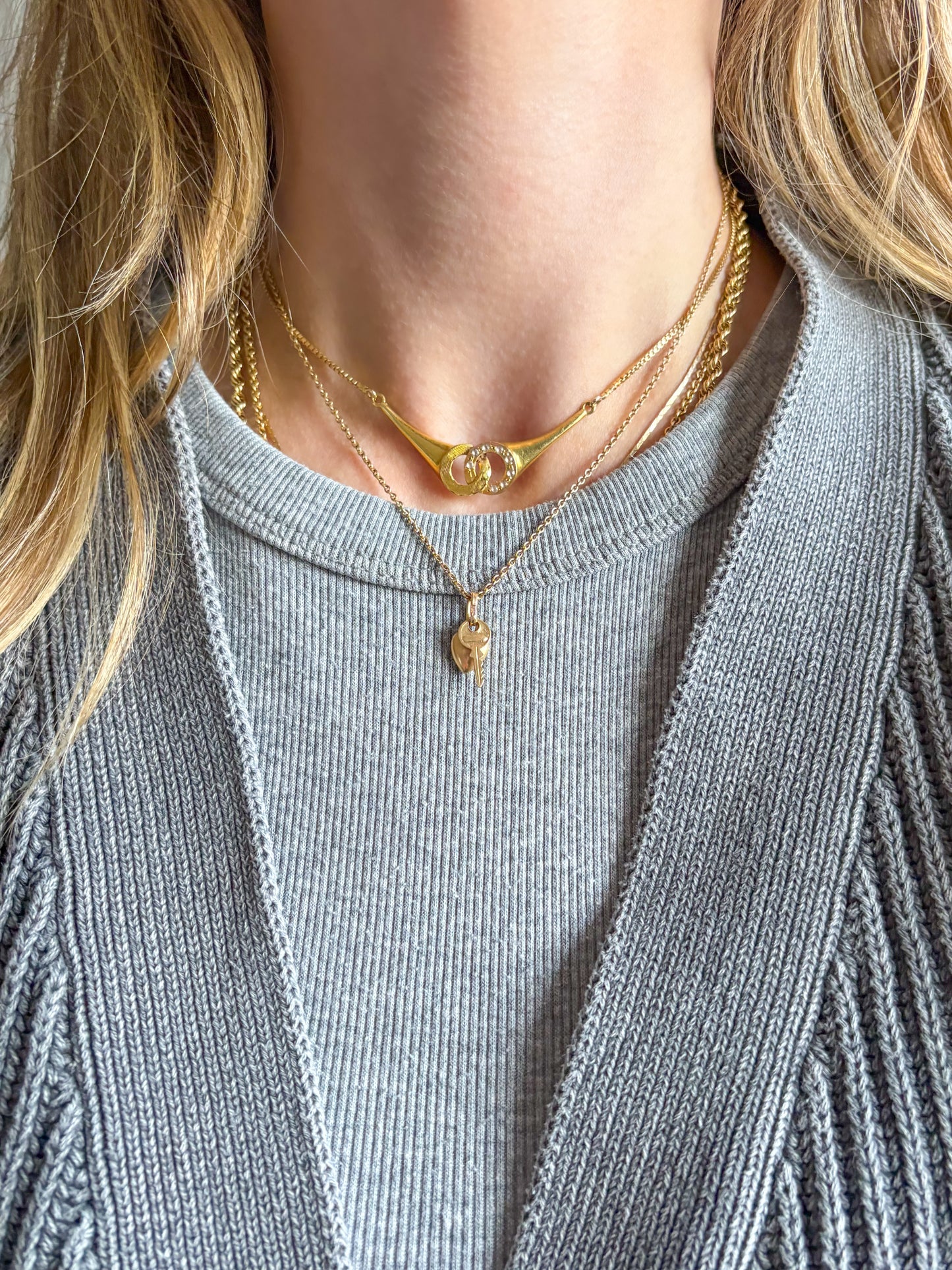 Vintage Mini Puffy Heart and Key 14k Yellow Gold Charm