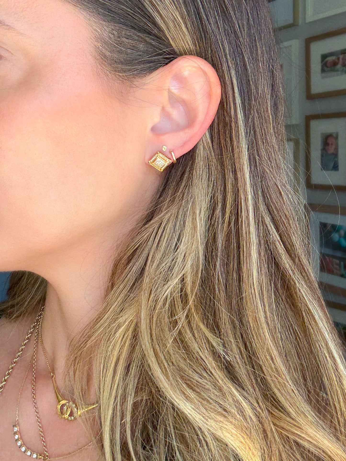 Vintage Natural Diamond 14k Yellow Gold Square Stud Earrings