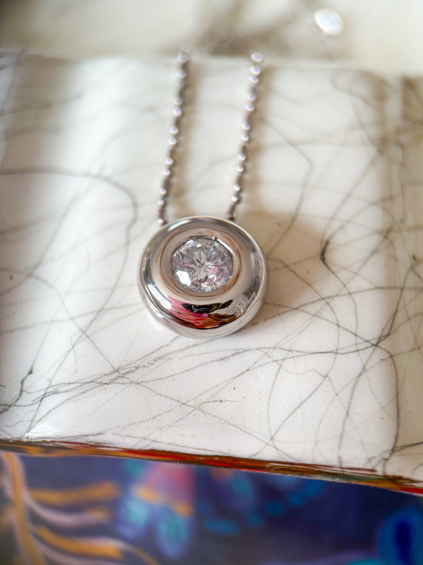 Vintage Bezel Set Natural Diamond Pendant 14k White Gold Charm with Ball Chain