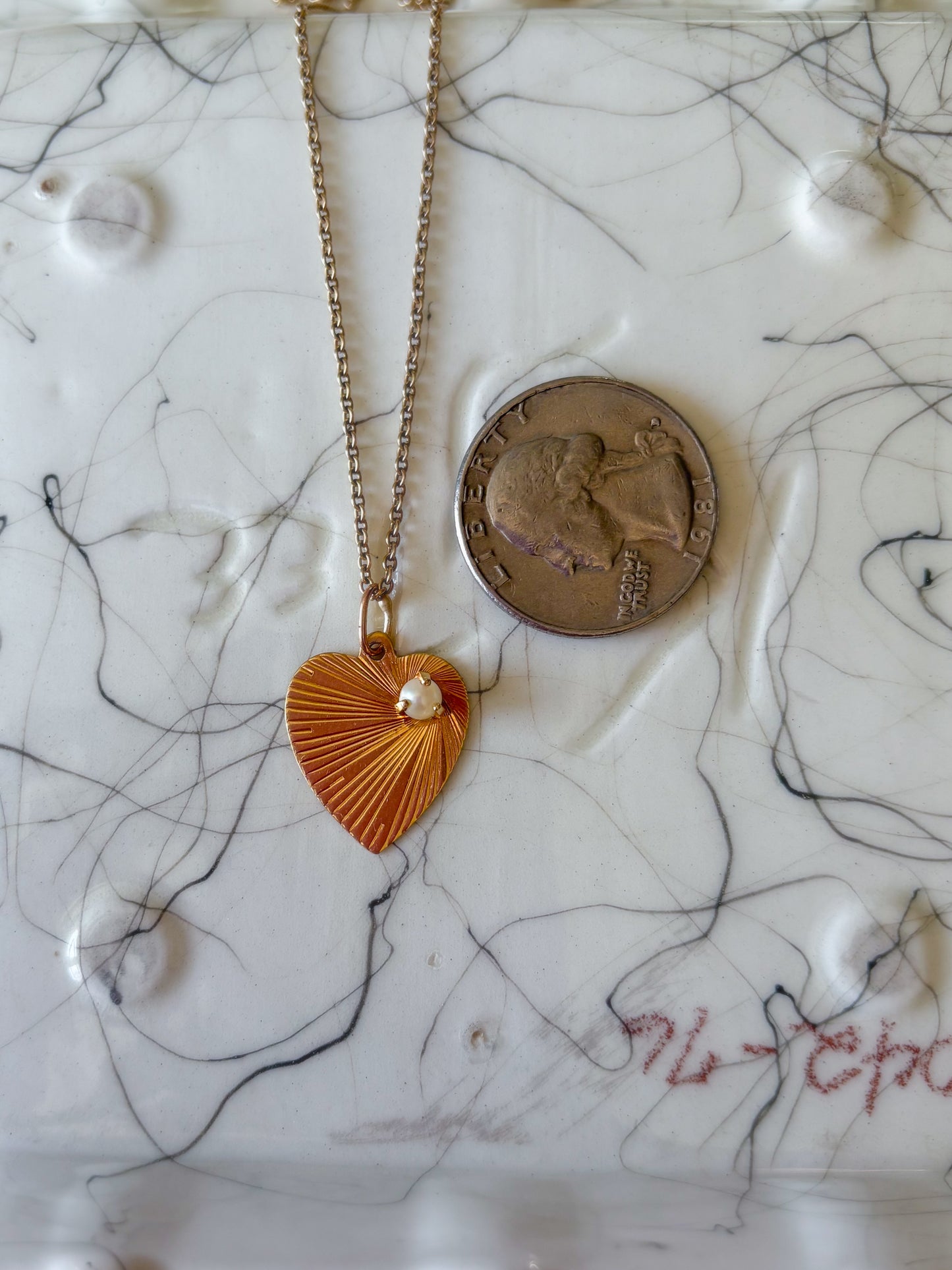 Vintage Engine Turned Heart 14k Yellow Gold Charm with Pearl