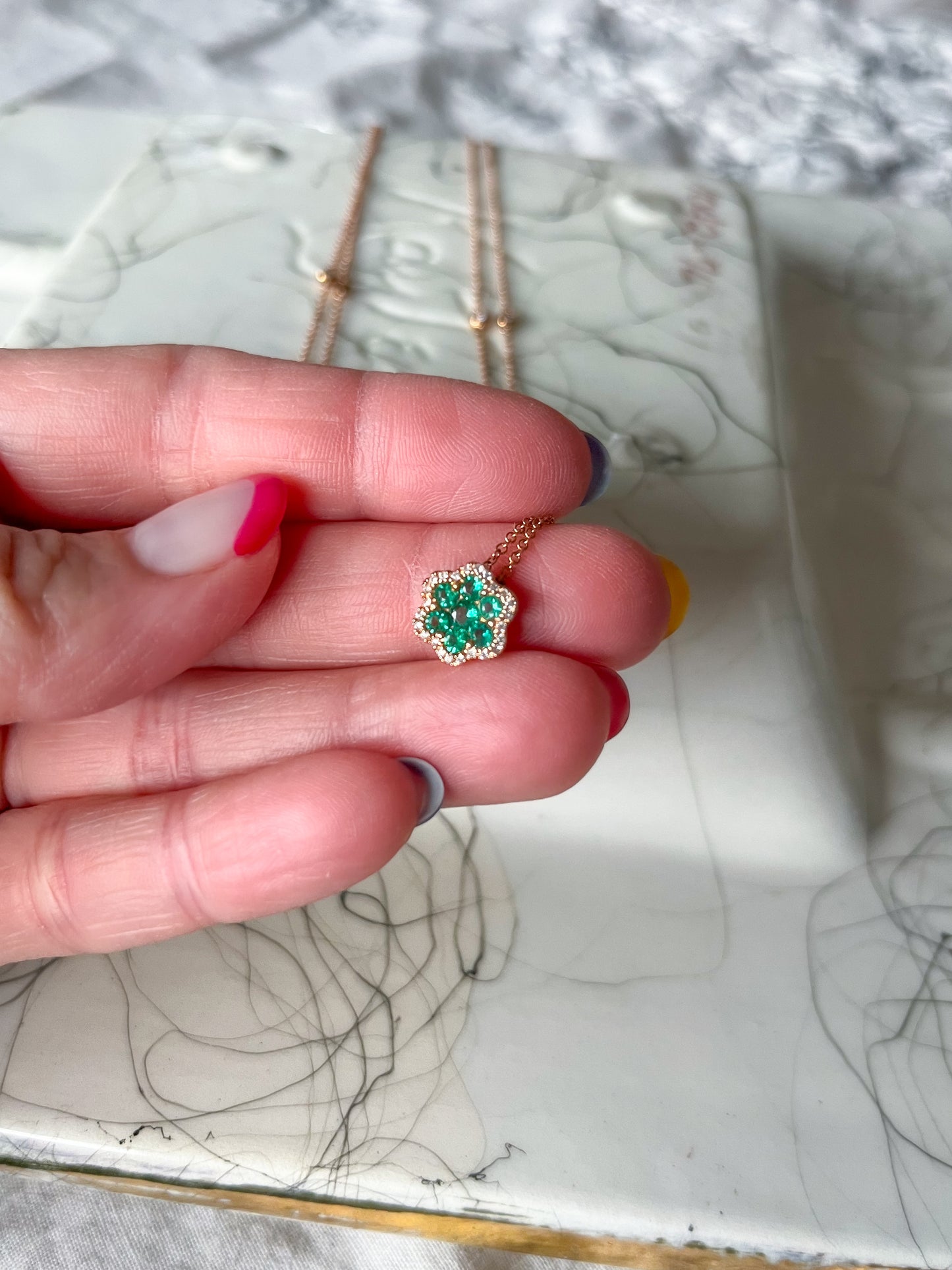 Natural Ruby, Emerald and Diamond Flower Charms in 14k Rose Gold