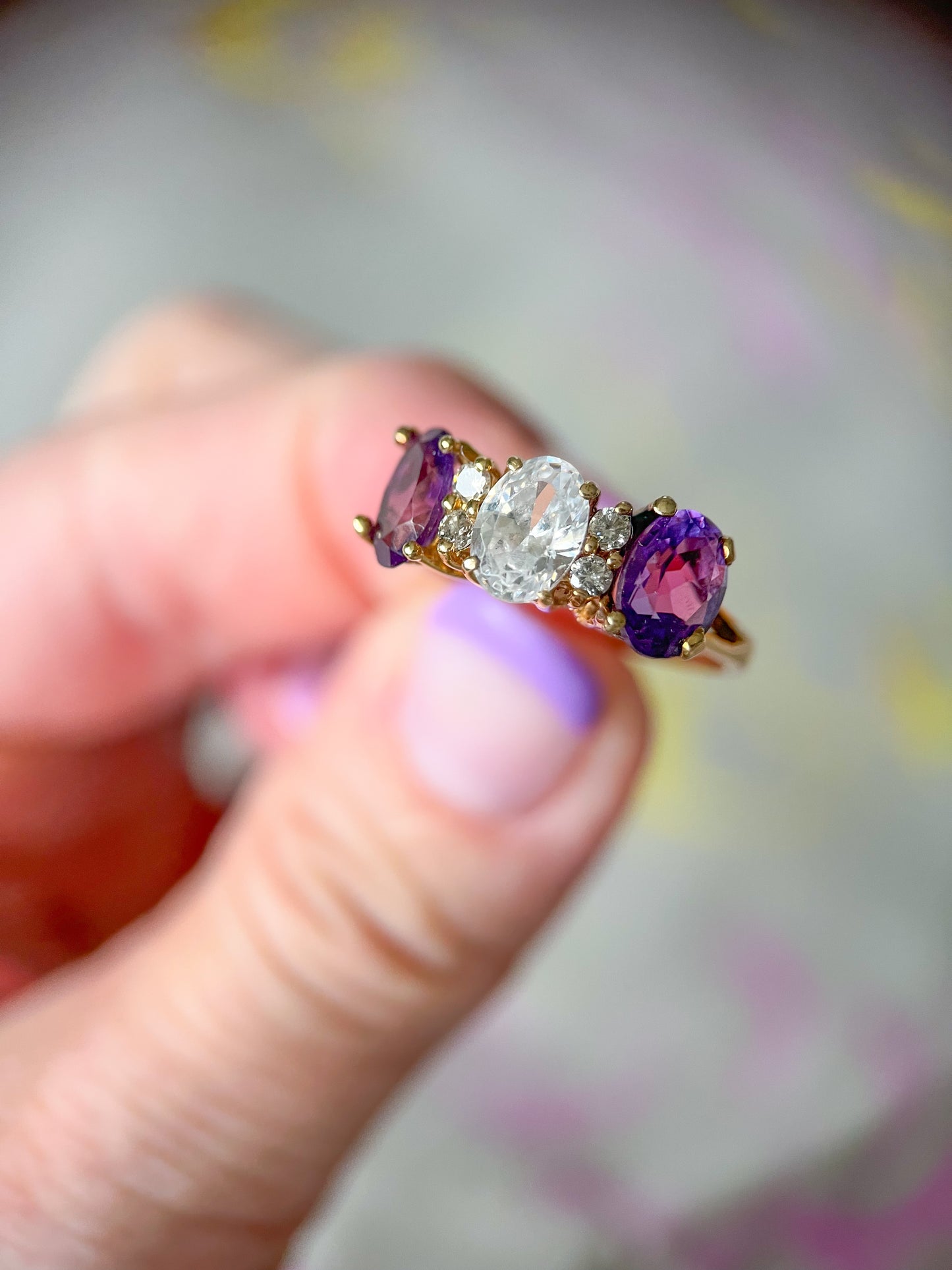 Vintage Natural Amethyst and CZ Three Stone Ring with Natural Diamonds 14k Yellow Gold