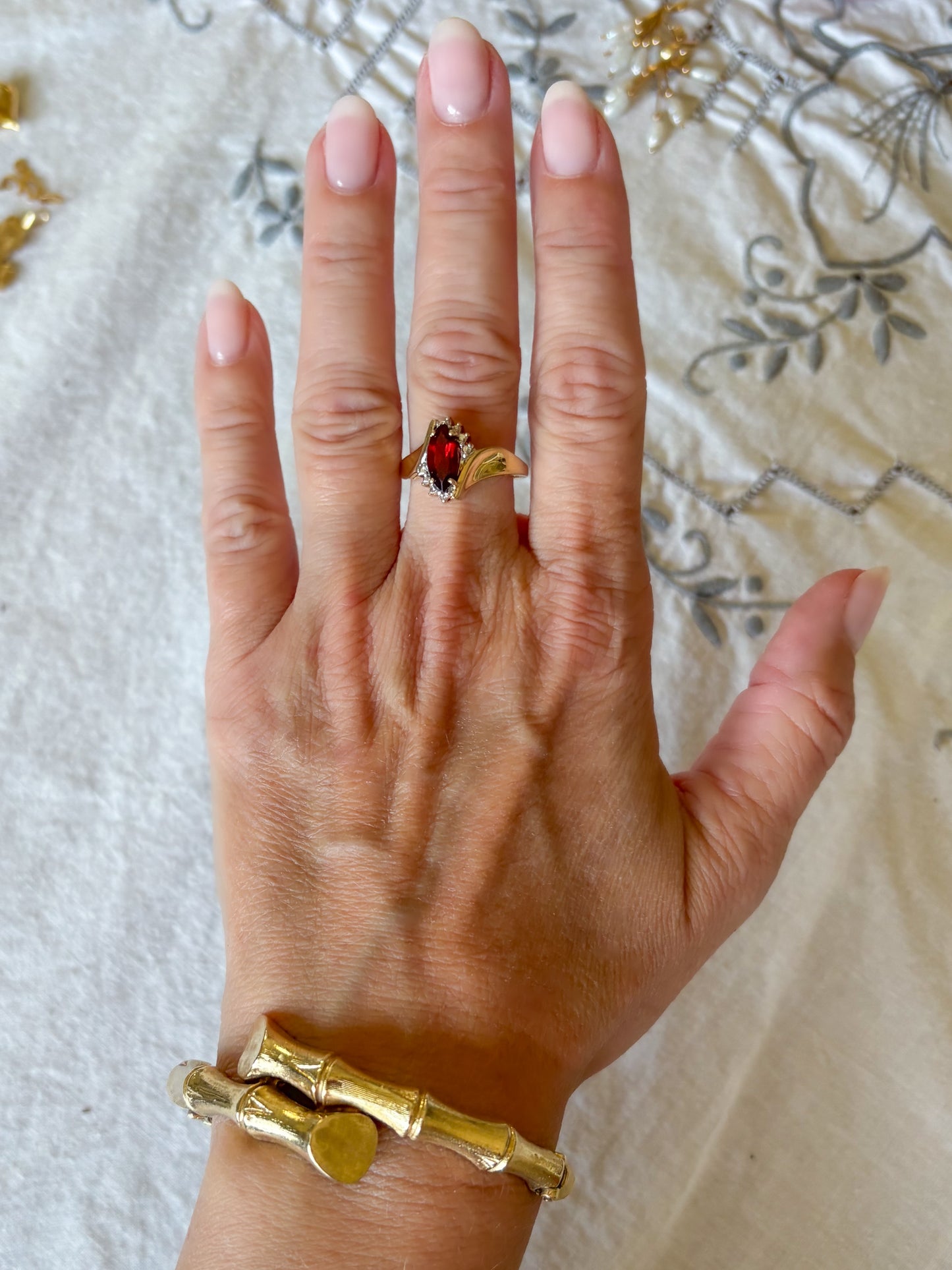 Vintage Marquise Synthetic Garnet 10k Yellow Gold Ring