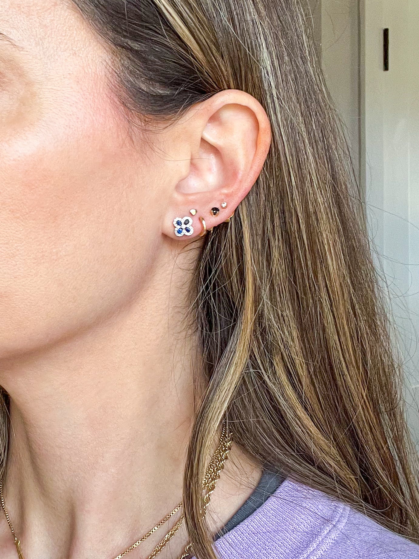 Natural Ruby, Sapphire, Emerald and Diamond 14k White Gold Flower Stud Earrings