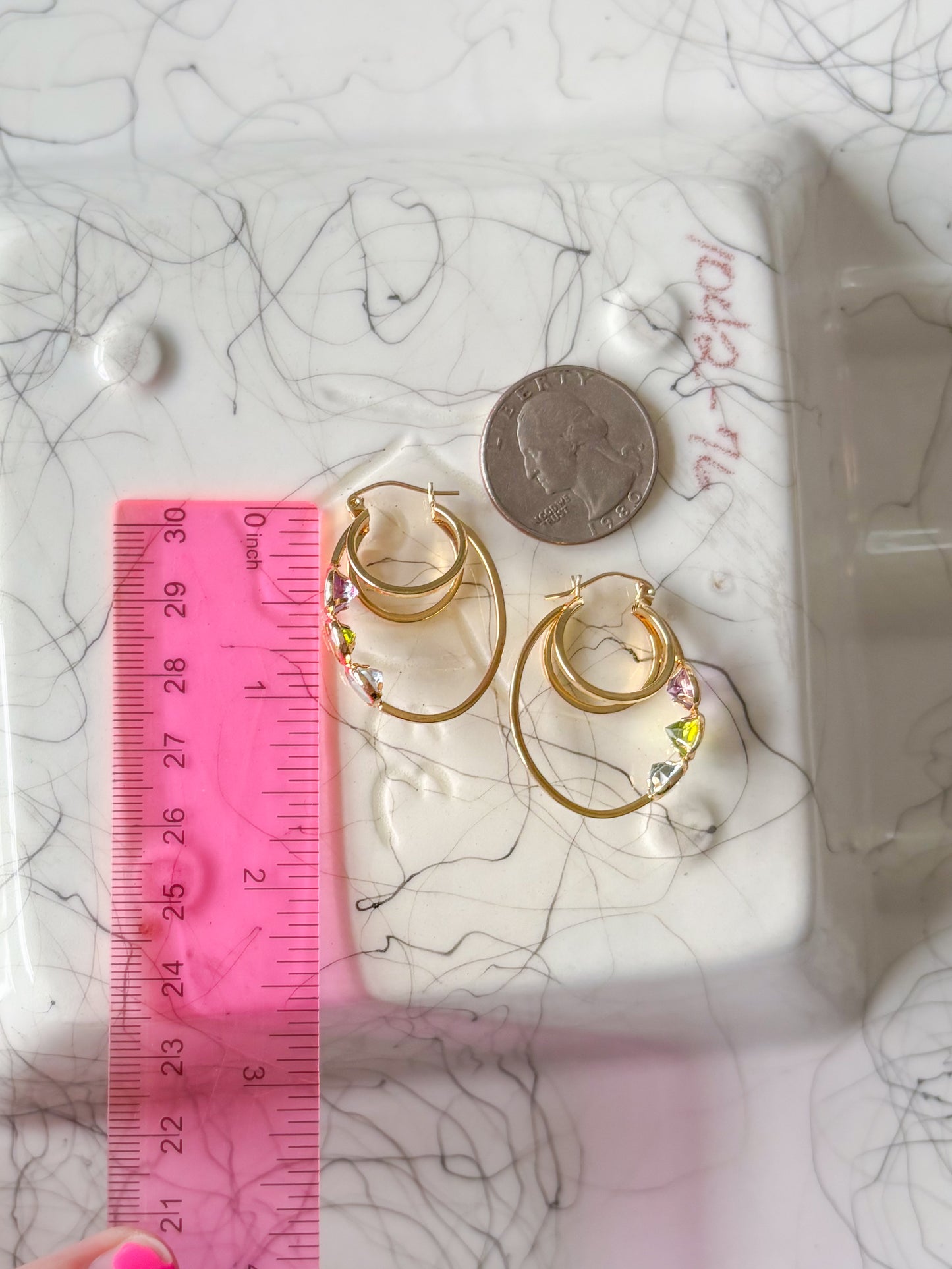 Vintage 3 Stone CZ 14k Yellow Gold Triple Hoop Earrings