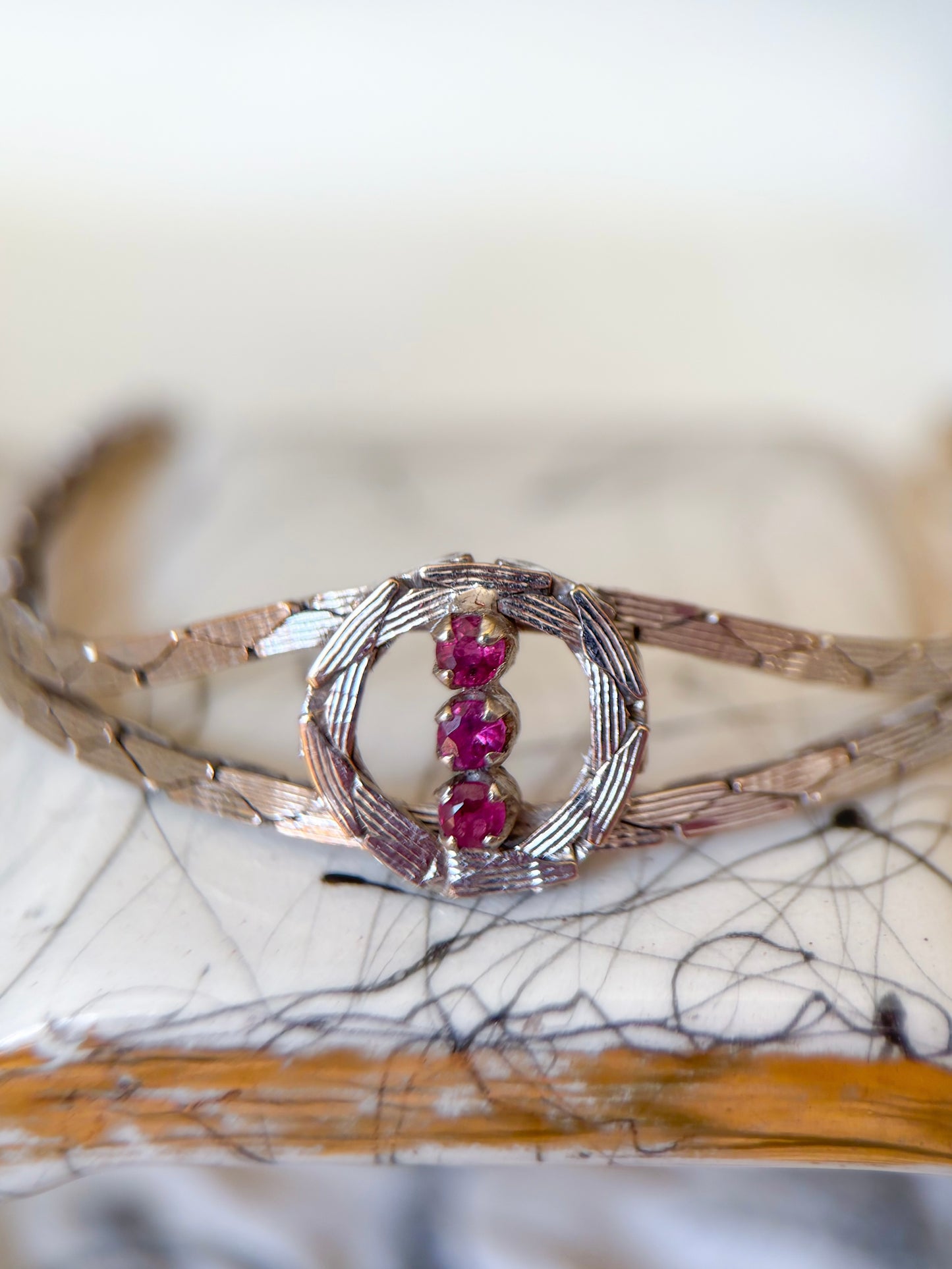 Vintage Natural Ruby 14k White Gold 7 Inch Cobra Chain Bracelet