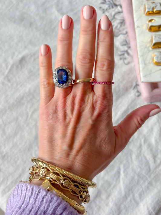 Vintage Natural Diamond and Blue Stone 10k White Gold Statement Ring