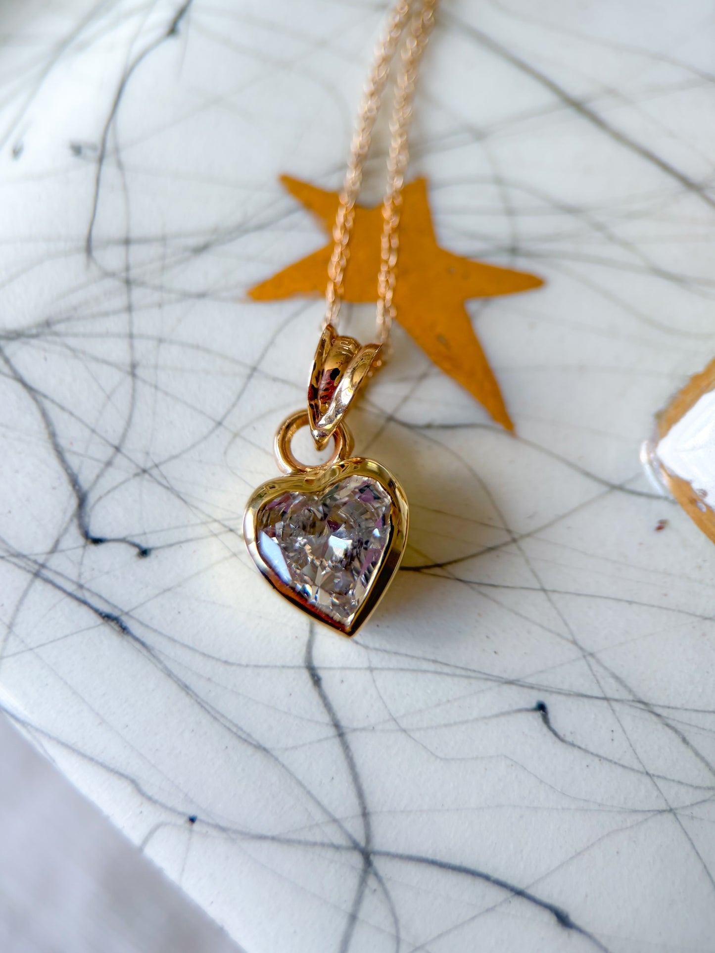Vintage Bezel Set Natural Heart Shaped Diamond with 14k Yellow Gold Chain