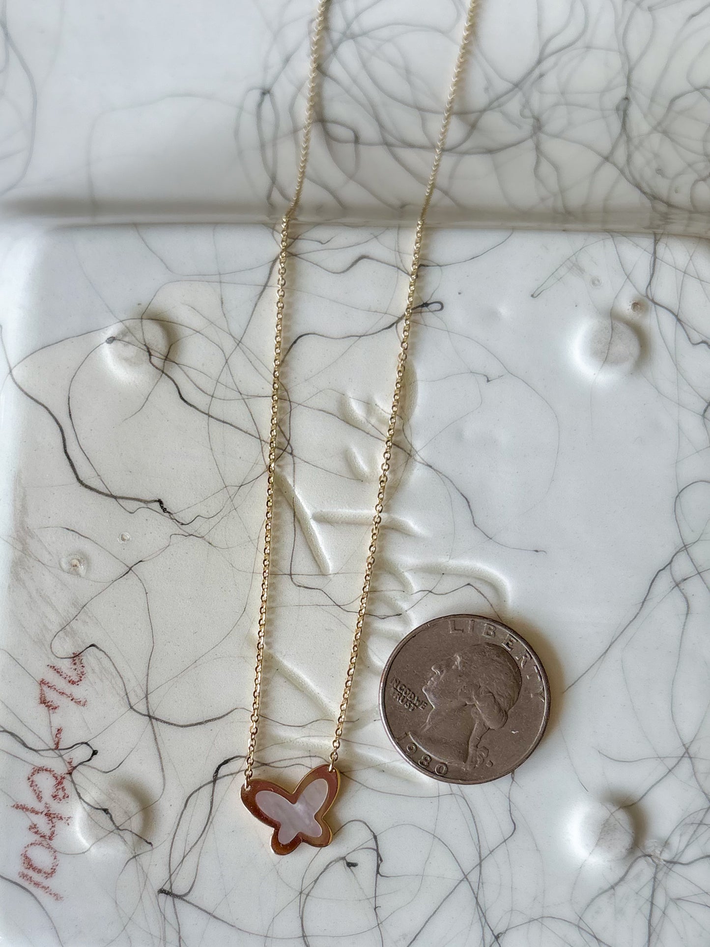 Vintage Mother of Pearl Butterfly Charm on 14k Yellow Gold Chain
