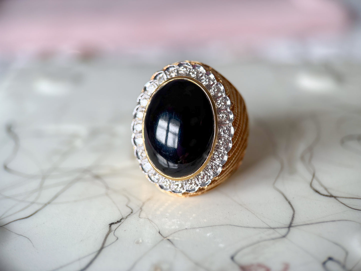 Vintage Onyx and Natural Diamond 18k Yellow Gold Statement Ring