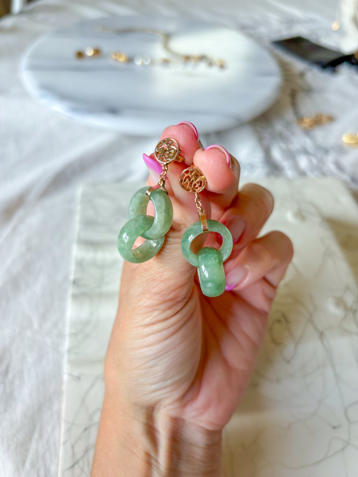 Vintage Jade Drop 14k Yellow Gold Earrings