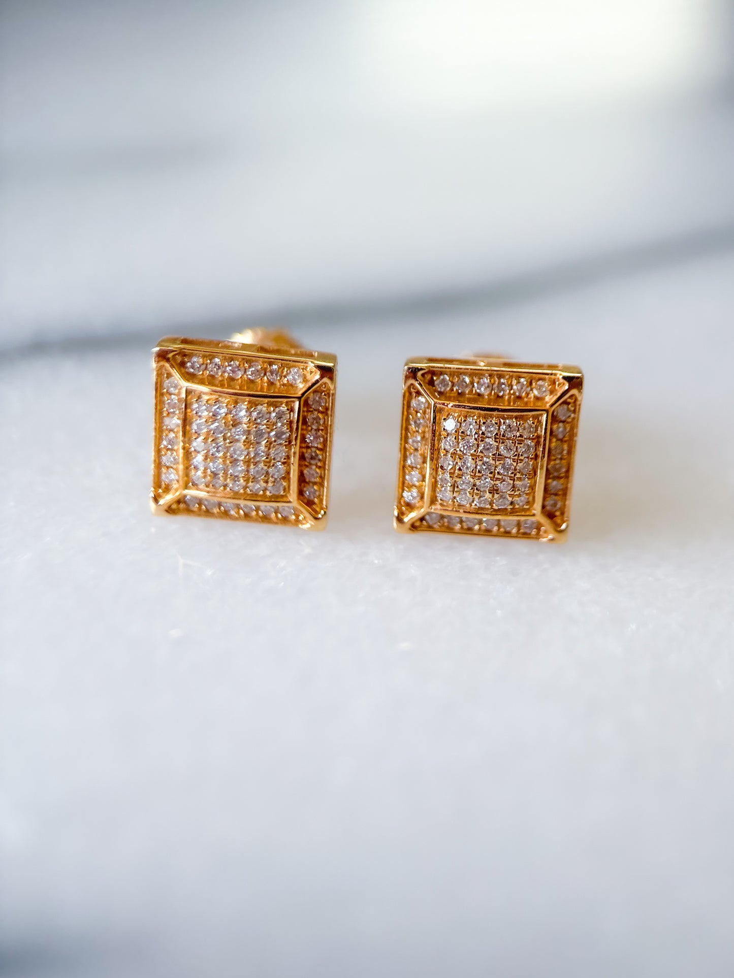 Vintage Natural Diamond 14k Yellow Gold Square Stud Earrings