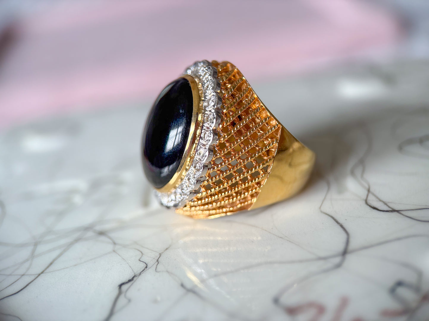 Vintage Onyx and Natural Diamond 18k Yellow Gold Statement Ring