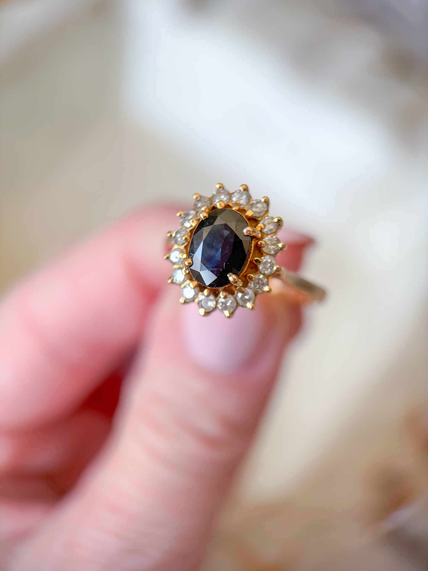Vintage Natural Sapphire and Diamond 14k Yellow Gold Ring